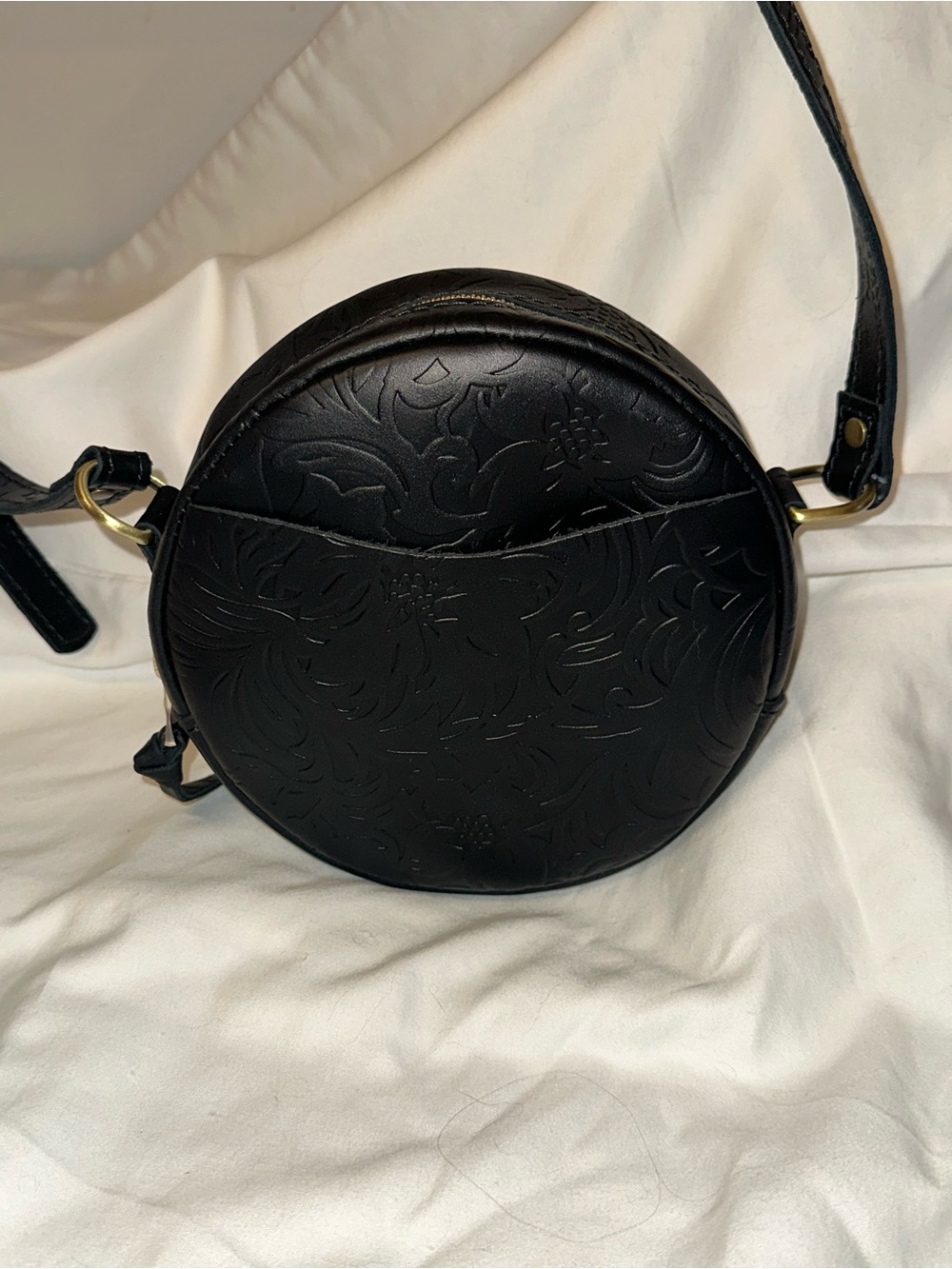 Portland Leather Black Floral Embossed Circle Bag Round Crossbody
